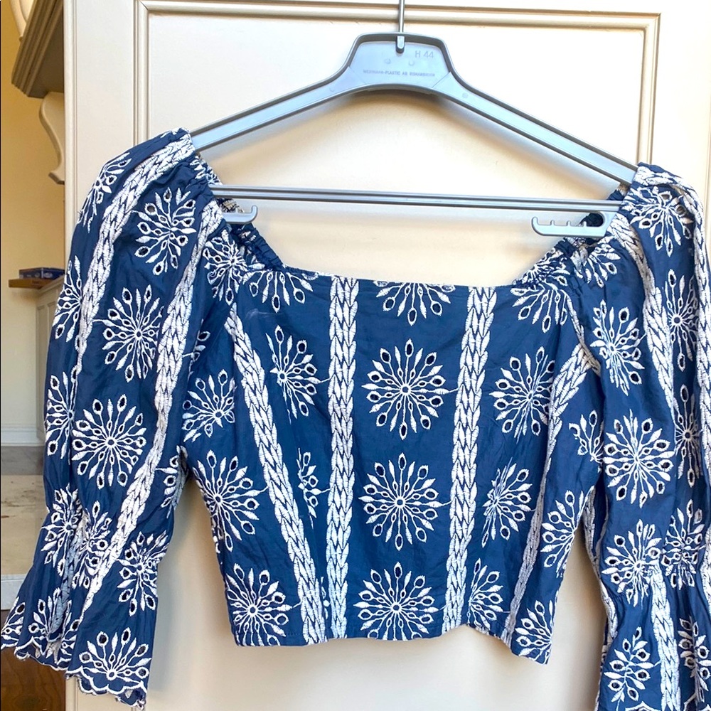 Blue and White Ruched Crop Blouse
